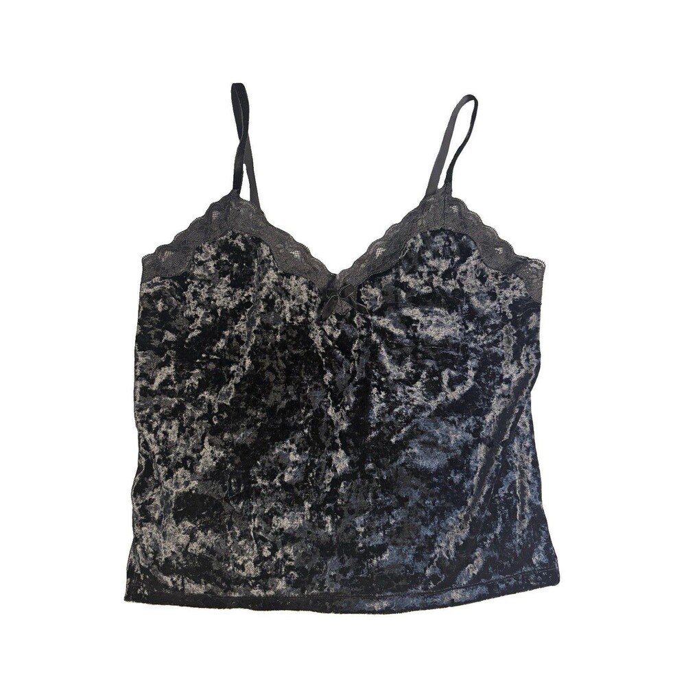 George Sleepwear Womens M 8-10 Crushed Velvet Cami Top Lace Trim Black Cami Y2K